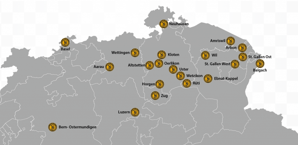 Übersichtskarte der Standorte der SKEMA Kampfkunst Schulen in der Schweiz